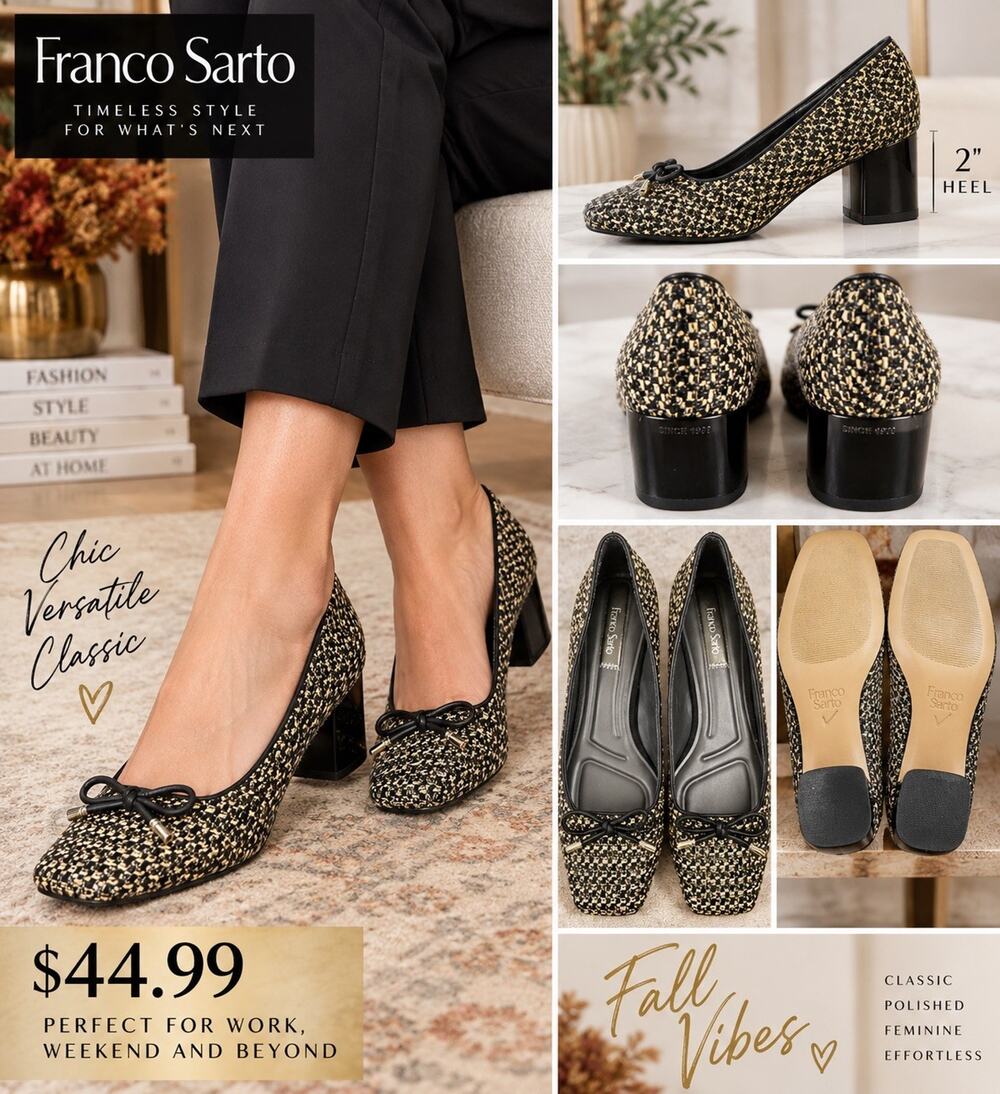 Franco Sarto Tweed Pumps Black Gold Square Toe Bow Block Heel NWOB No Size 10-11
